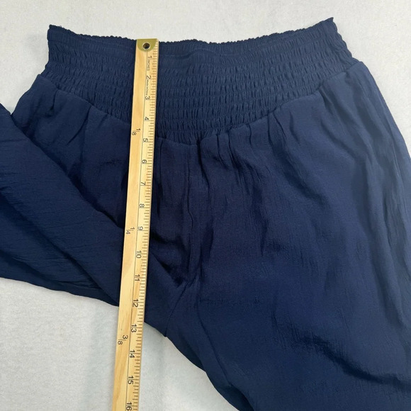 Nanette Lepore Pull On Wide Leg Pants Womens Sz Med Blue High Rise Smocked Waist - Picture 9 of 11